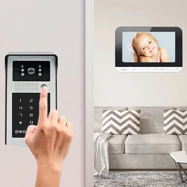 Campainha de intercomunicação de vídeo WiFi com desbloqueio remoto inteligente de sete polegadas, câmera com fio para vila familiar
