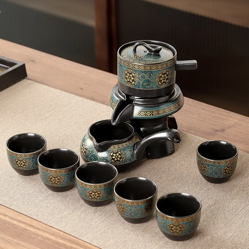8Pcs Semi-Auto Rotating Gongfu Tea Set, Anti-Scald Ceramic Teapot Kit with Pitcher Cups Gift Box for Office Business Gift