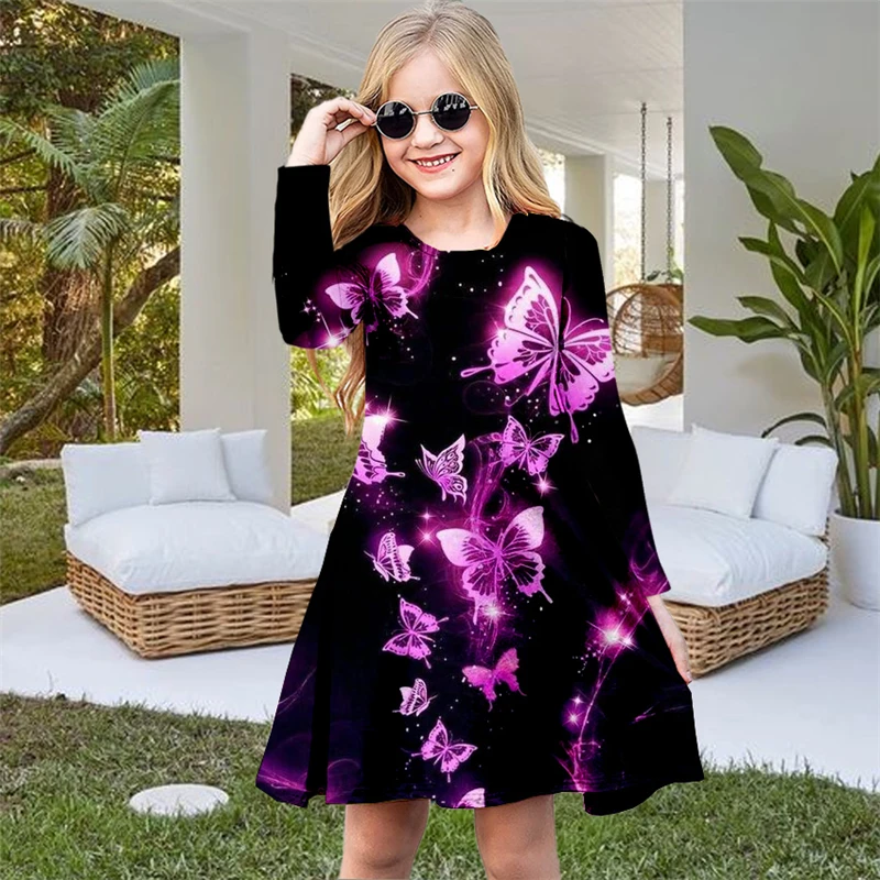 Children's Clothing Long Sleeved Dress Round Neck Fashion Knee-Length