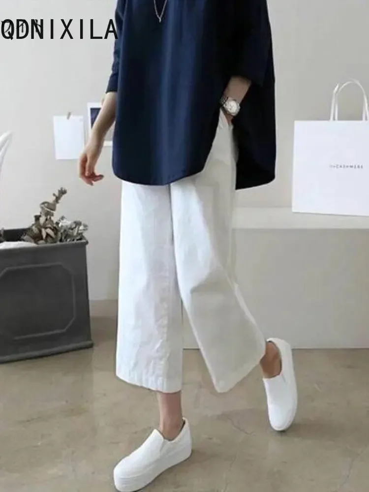 

2024 Summer Wide Leg Pants Women New In Casual Solid Color Cropped Pants High Waist Female Soft Elastic Cotton Linen Sweatpants