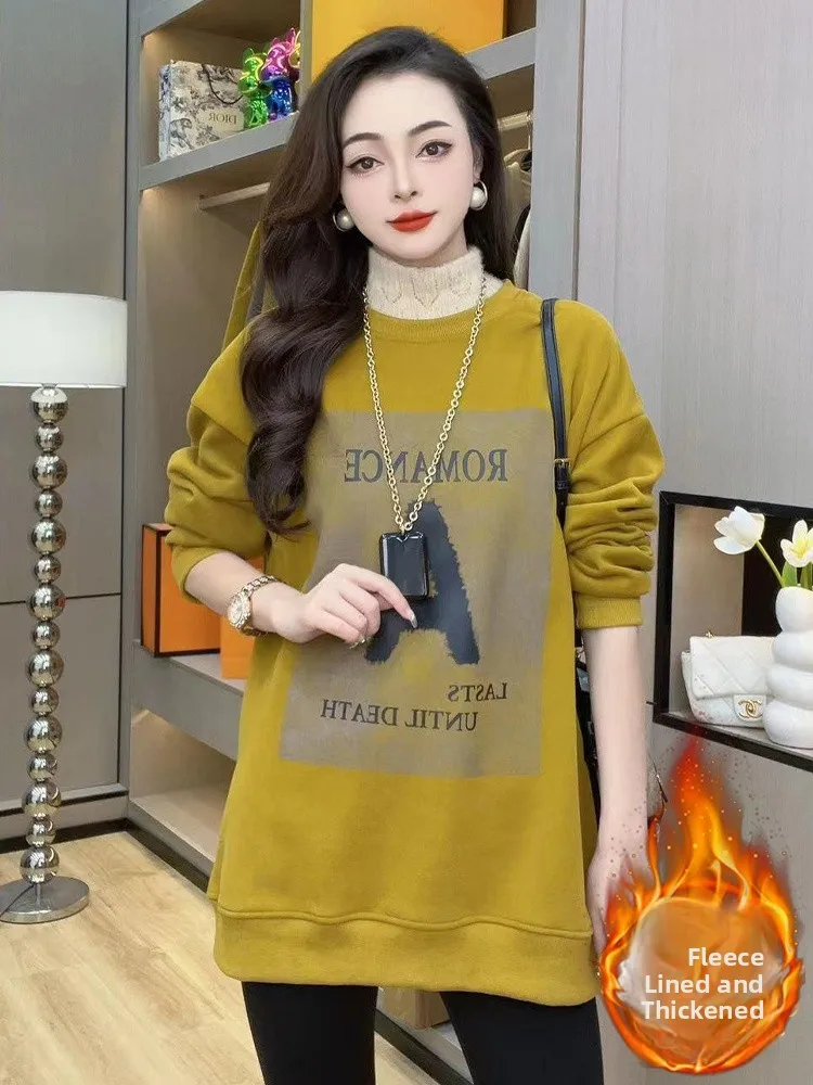 Ladies' Fce Lined Thiened round Ne Sweatirt Mid-Length Korean Sle Commute Wind Winter New Arrival Faionable Top