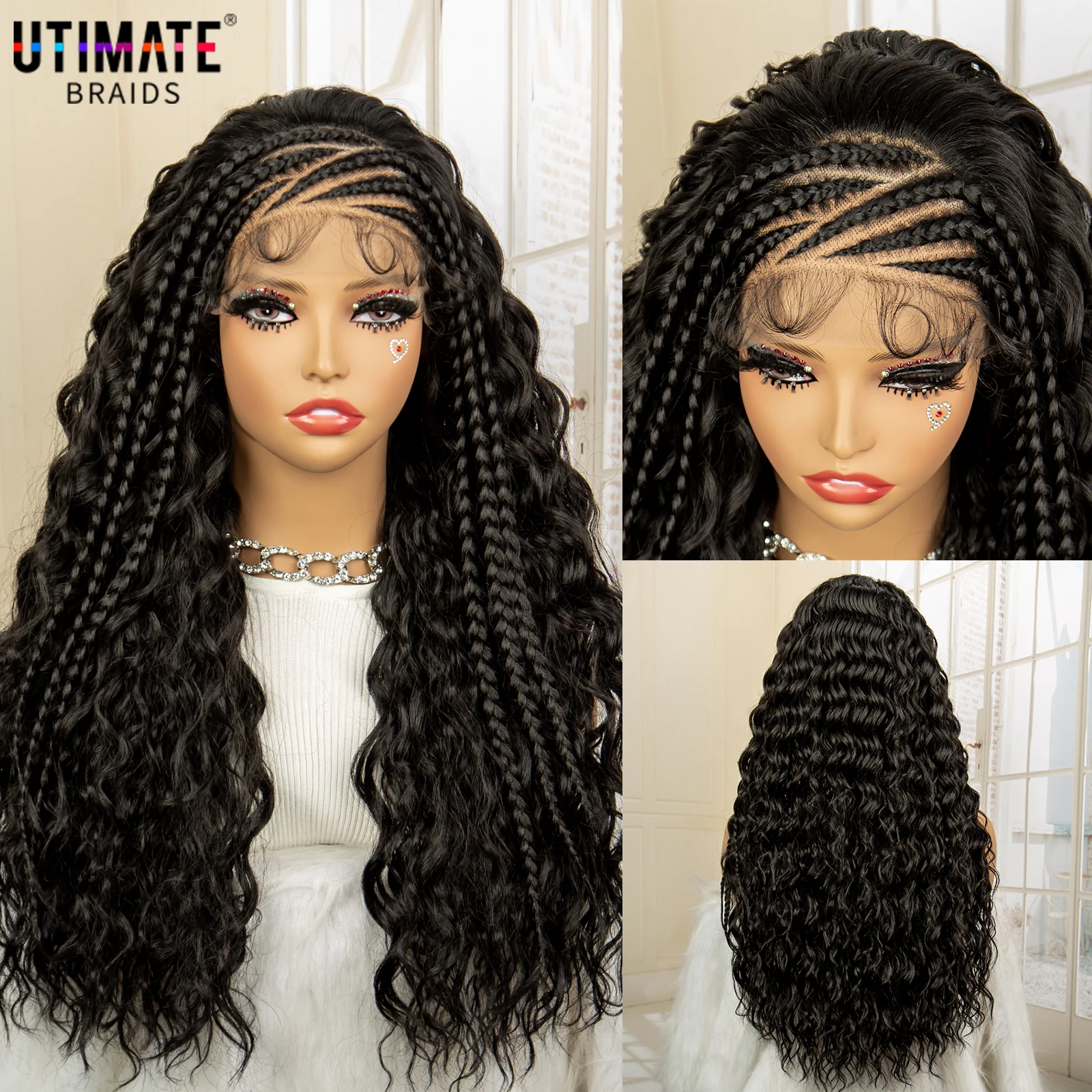 26 Inches Synthetic Lace Frontal Cornrow Braided Wigs with Baby Hair Curly Wave Wavy Braids Wig for African Black Women