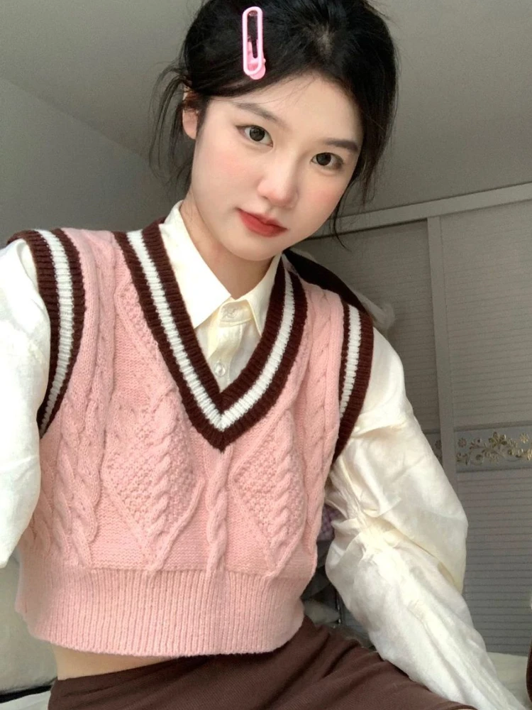 Sweater Vest Women Striped Knitting All-match Slim Cropped Sweet Spring V-neck Cozy Fashion Preppy Style Ulzzang Simple Pink Ins