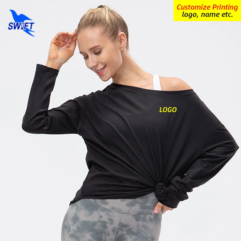 Customize LOGO Autumn Loose Running Shirts Women Long Sleeve Quick Dry Gym Fitness Sweatshirts Boat Neck Workout Sport Yoga Tops