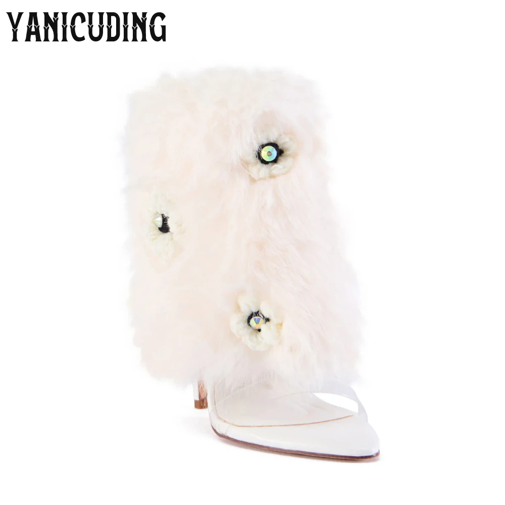 Faux Fur Sandal Booties Pvc Foot Strap Pointed Summer Boots Sexy Style Stiletto Heel Boots Plush Flower Embellished Ankle Boots