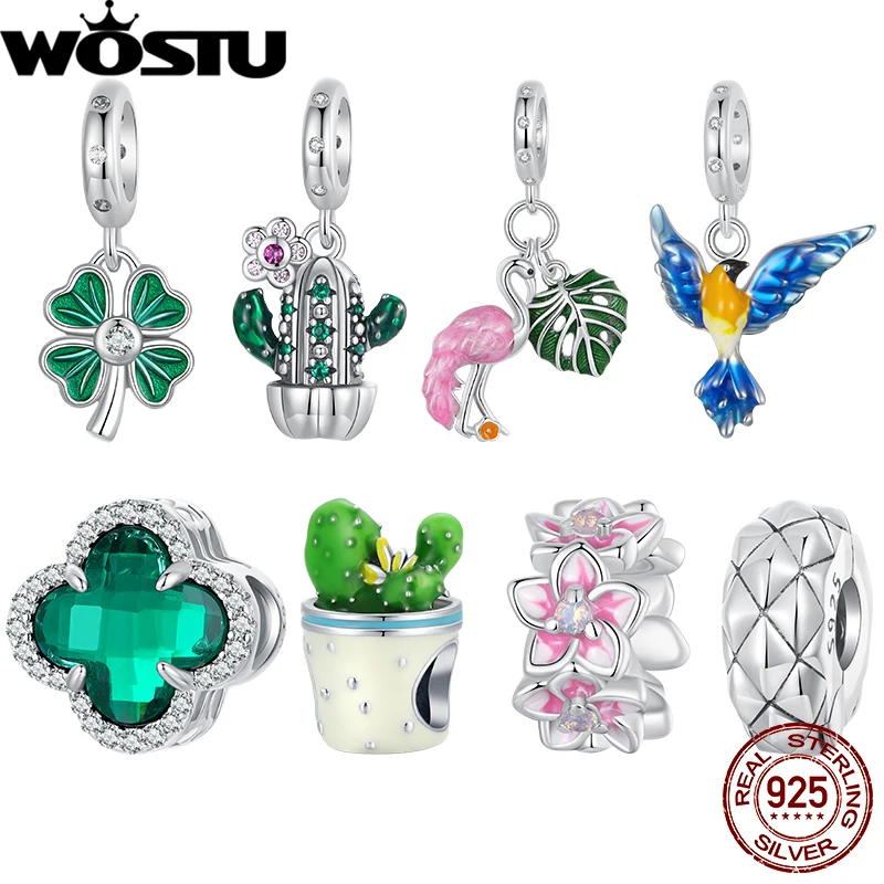 WOSTU 925 Sterling Silver Green Plant Charms Cactus Flower Pendant Four-leaf clover Lucky CZ Beads Fit Original Bracelet Gift