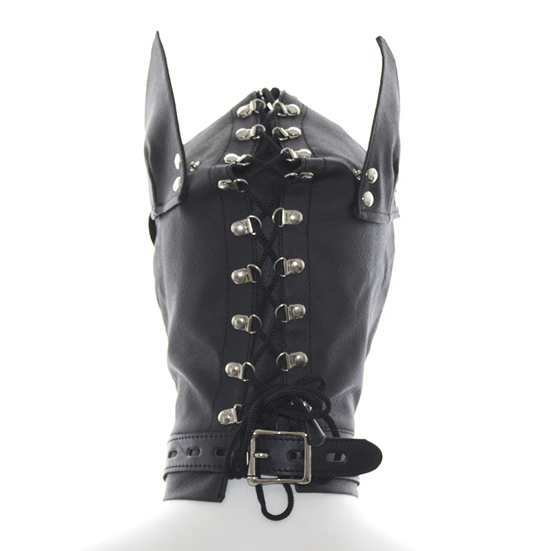 Welpen Cosplay Fetisch Kostüme aus verstellbarem Leder Vollkopf haube mit Augen maske für Hund Rollenspiel exotische Accessoires