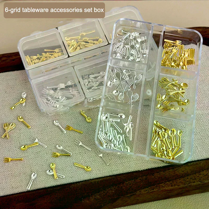 6 Grids/Box Mix Gold Silver Mini Forks Spoons Tableware Alloy Nail Art Rhinestones Decorations Manicure Cure Charms Accessories