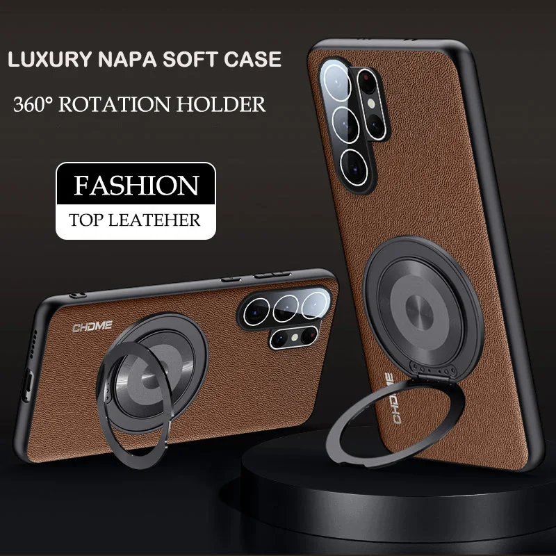 For Magsafe Leather Camera Lens Protective Phone Case for Samsung S26 S25 Edge S24 S23 FE Ultra Plus Magnetic Ring Stand Cover