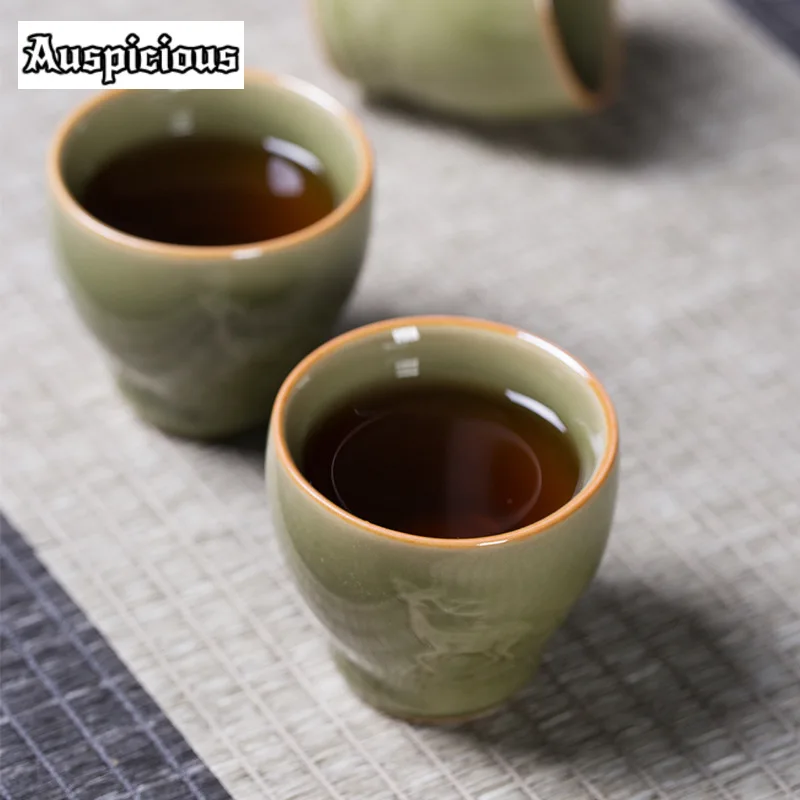 70ml Antique Longquan Celadon Teacup Handicraft Small Deer Tea Cup Small Master Cup Tea Bowl Meditation Cup Mug Kung Fu Teaware