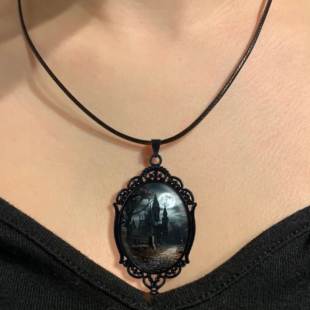 Castle Moon Cameo Pendant Necklace Gothic Castle Oval Glass Choker Witch Jewelry Perfect Gift for Women and Girls