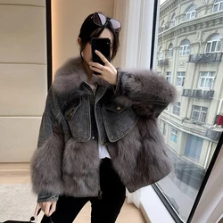 Stitching Denim Jacket Women's Overcoat New Winter Thicke Warm Jeans Parker Coat Loose Big Hair Collar Pie Overcome Cotton Coat