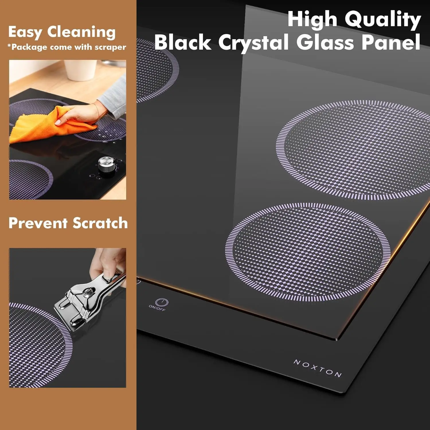 เตาเซรามิก NOXTON 4 โซน สีดํา 6000W มีสายฮาร์ด 220-240V ในตัว ระบบสัมผัสและปุ่มควบคุมหนึ่งปุ่ม ไฟแสดงความร้อน (ไม่มีปลั๊ก)