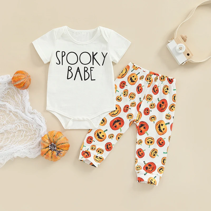 3 Pcs Infant Halloween Outfit Set Baby Ghost Print Long Sleeve Bodysuit Spider Web Print Pants Witch Hat Headband for