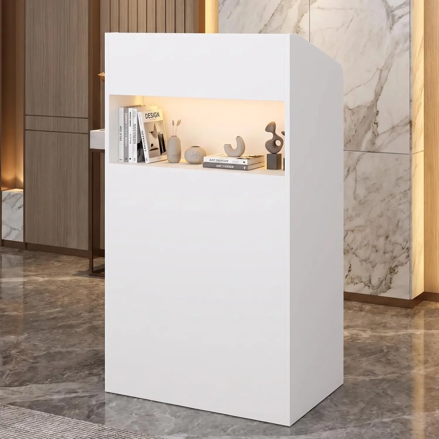 White Small Reception Desk, Compact Computer Business Front Desk with Adjustable LED Lights and Open Storage Shelves, Modern Off
