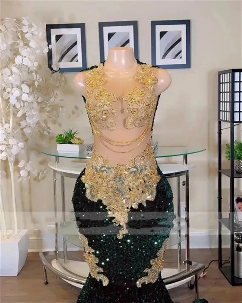 Sparkly Dark Green Mermaid Prom Dresses Sexy See Through Top Gold Lace Appliques Evening Gowns Sweep Train Women Party Dress