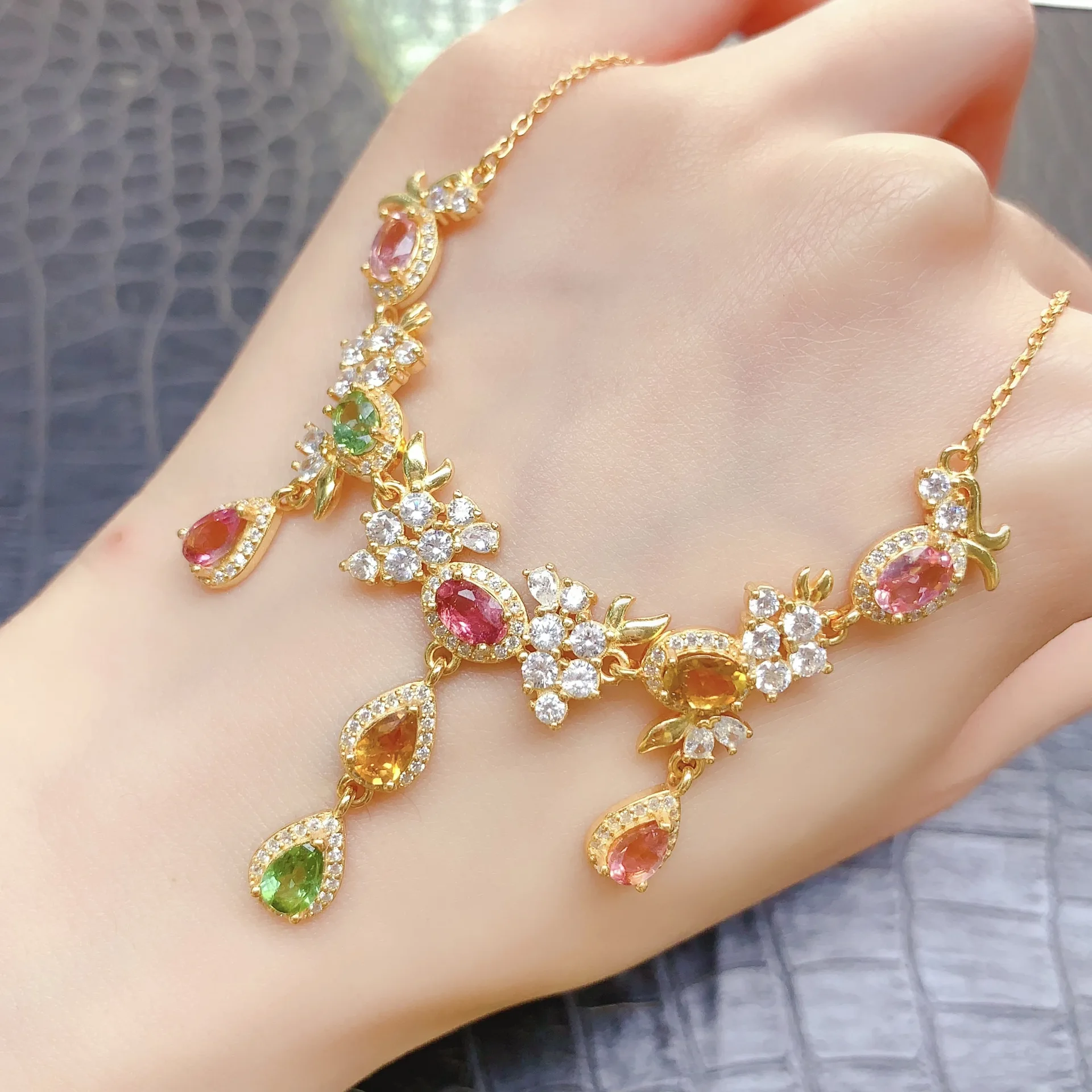 

Natural Multi-Color Tourmaline Tassel Necklace 4x6mm Oval Cut S925 Silver Gold Plated with CZ Accents