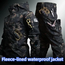 Hot New Camo Waterproof and Warm Men's Winter Soft Shell Special Tactical Hooded Jacket+Multi Pocket Tactical Pants