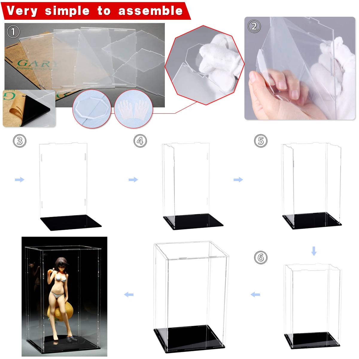 Acrylic Display Box Self-Assembly Case  Transparent Dust Proof Protection Showcase with Black Base Organizing Model Toy Show Box