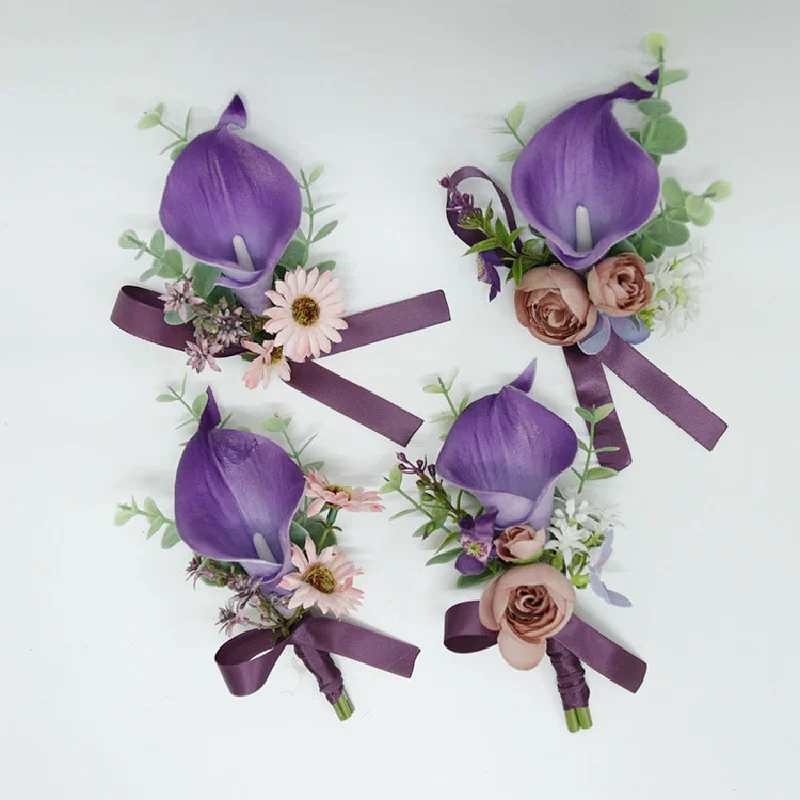 Boutonniere dan pergelangan tangan korsase bisnis perayaan bunga perlengkapan pernikahan Studio ungu Calla gelang bunga 428