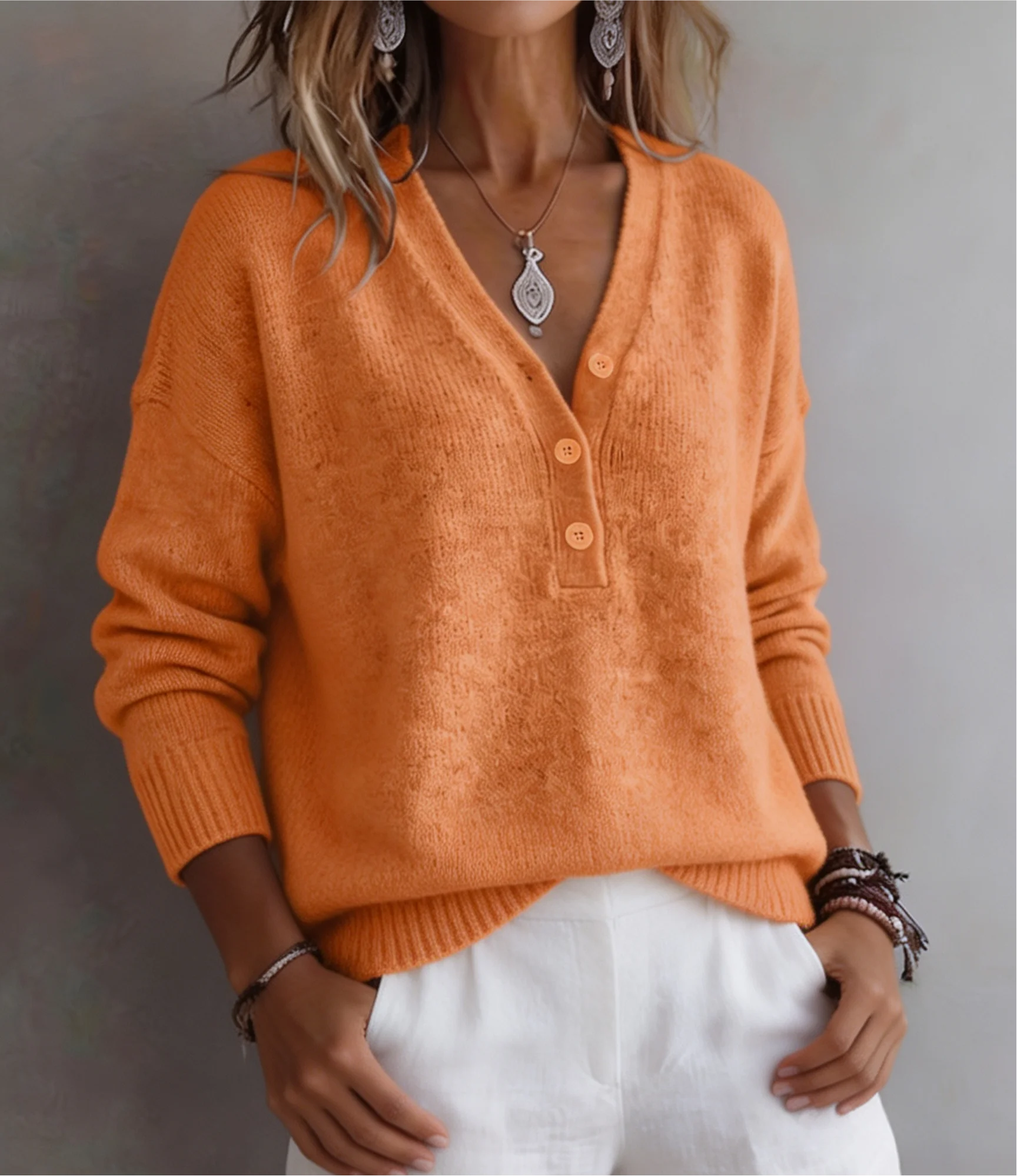Picture 6: Women's drop shoulder design half-open placket ribbed trim knitted top, casual Bohemian style, autumn and winter style