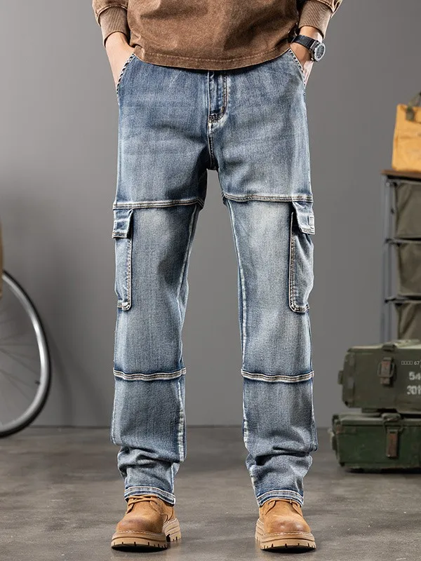 

American Workwear Sle Loose Straight Leg Jeans Men's Spring Autumn Multi-ket Wear-Resistant Casual Trousers