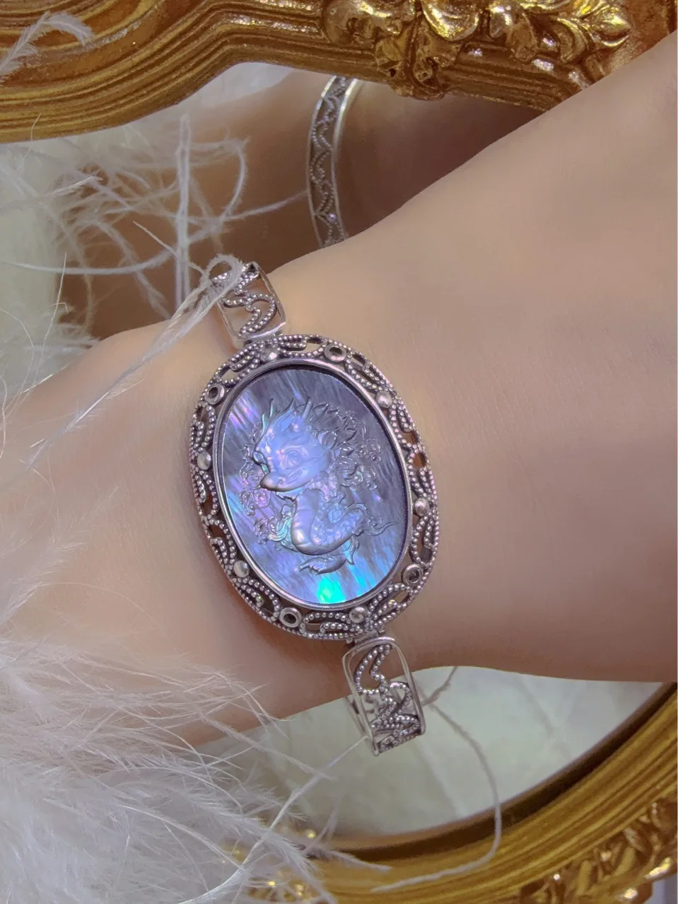 

Vintage 925 Silver Bangles with Natural Mother of Pearl Inlays Engraved with Dragon and Mermaid, Exquisite Hand-carved Bangles