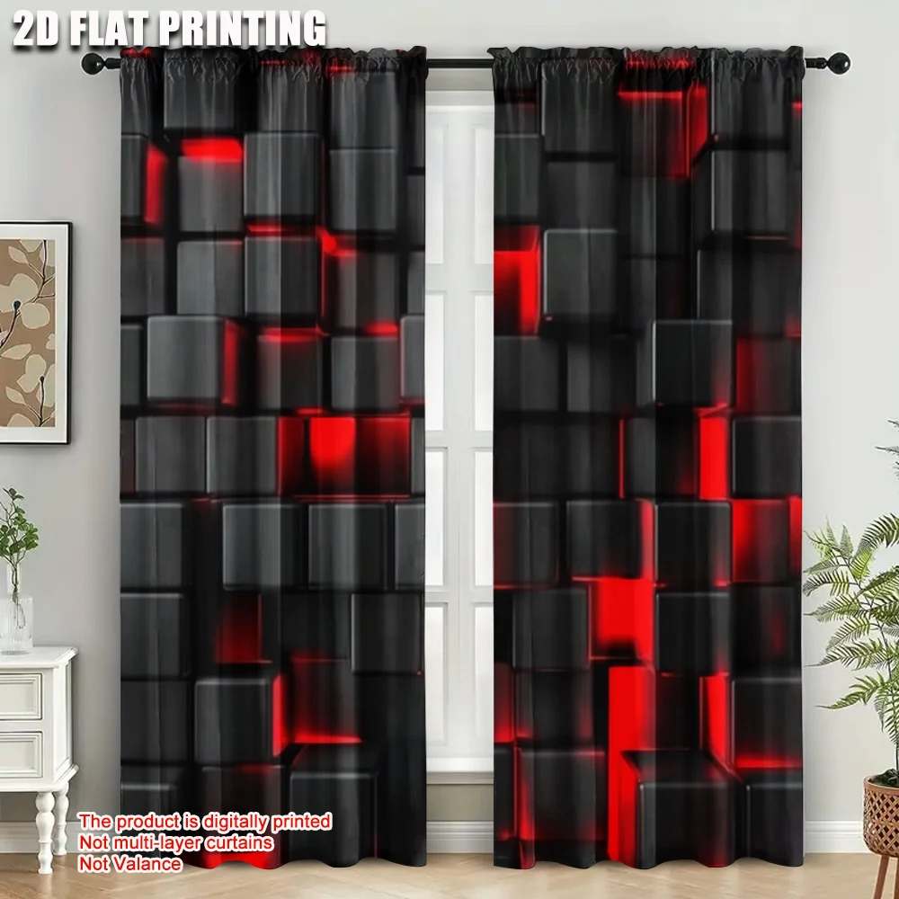 2pcs, 2D flat printing Curtains Abstract Cubes Red Black Art Durable Polyester,Without Electricity Versatile Use for polyester