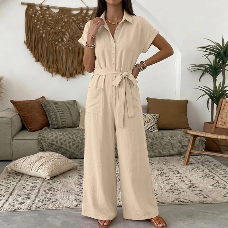 VONDA Plus Size Women Elegant Solid Color Jumpsuits Summer Vacation Style Short Sleeve Long jumpsuits Overalls Belts Playuits