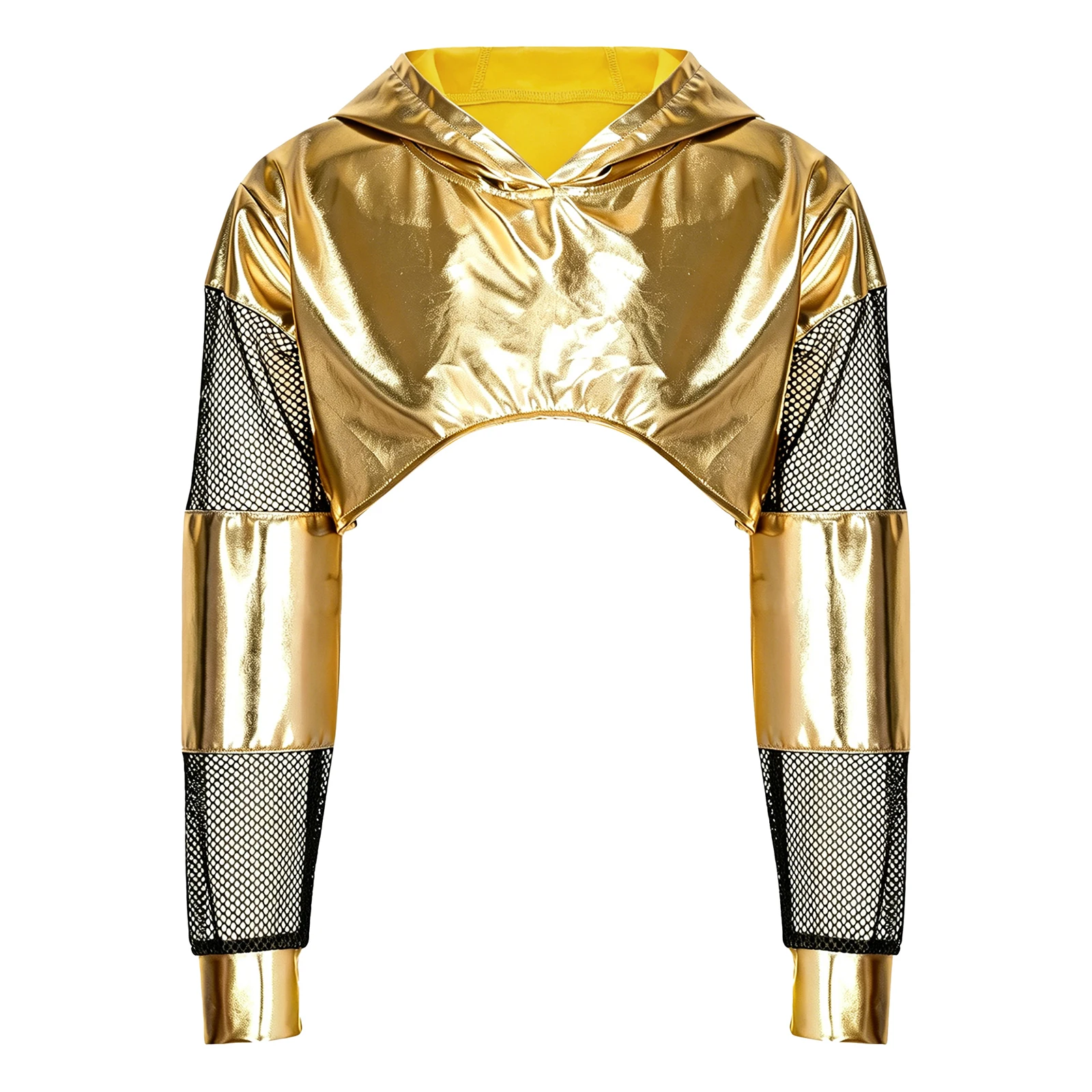 Kinder Mädchen Metallic Hoodie Hip-Hop Jazz Dance Performance Kostüm Mesh Patchwork Langarm Kapuzenpullover Crop Top Sweatshirt – Detail 8