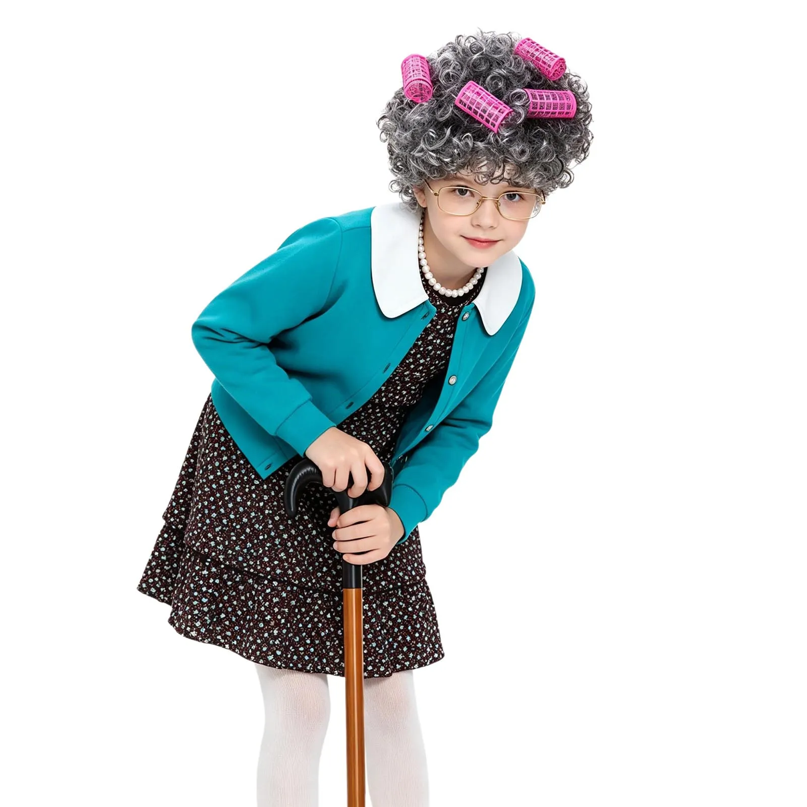 

Girls 100 Days of School Old Lady Costume Floral Printed Dress and Outwear Includes Wig Faux Pearl Necklace Glasses Hair Net