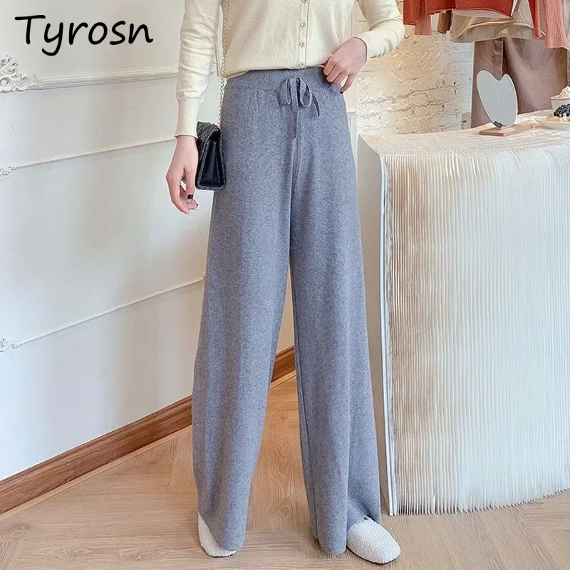 Spring Autumn Knitted Long Pants Wide Leg High Waist Elegant Soft Temperament Casual Trousers Chic Loose Warm Mopping All Match