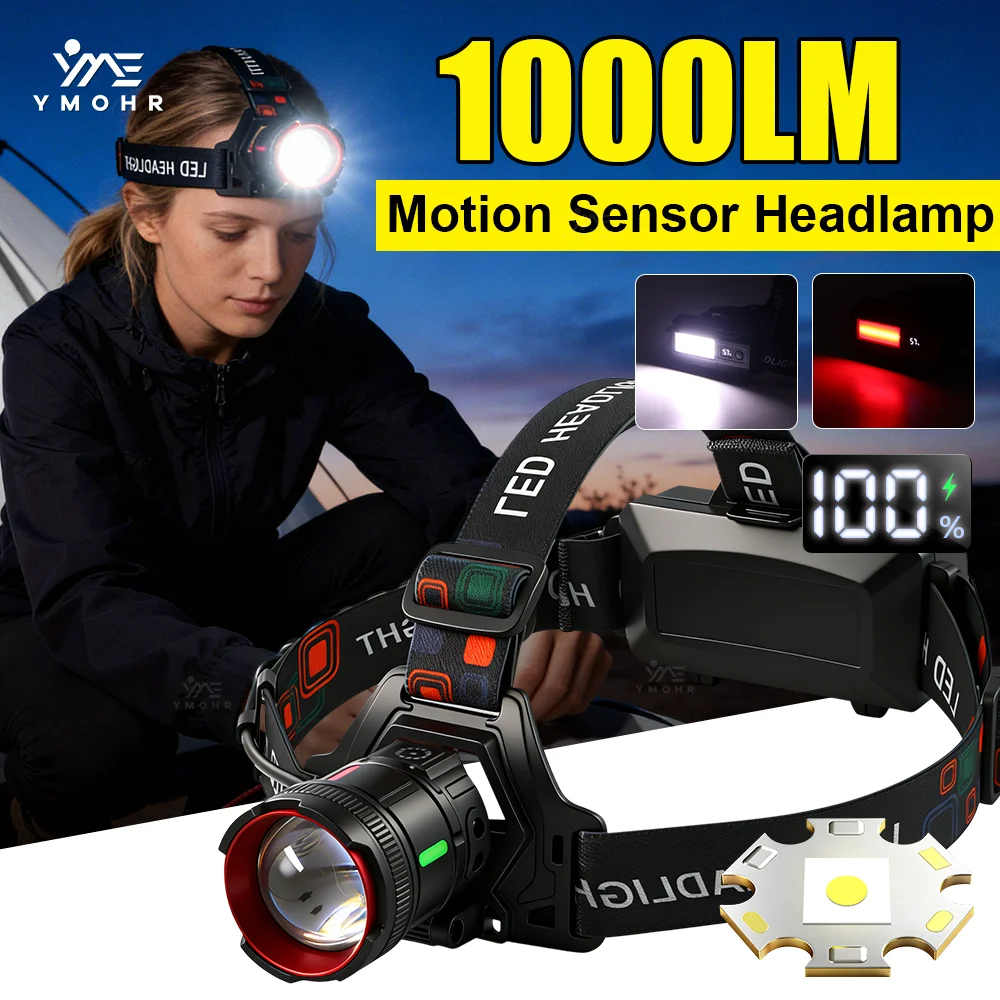 

Мощный налобный фонарь, перезаряжаемый через USB, масштабируемый датчик движения, налобный фонарь 1000LM для водонепроницаемой уличной портативной рыбалки, кемпинга