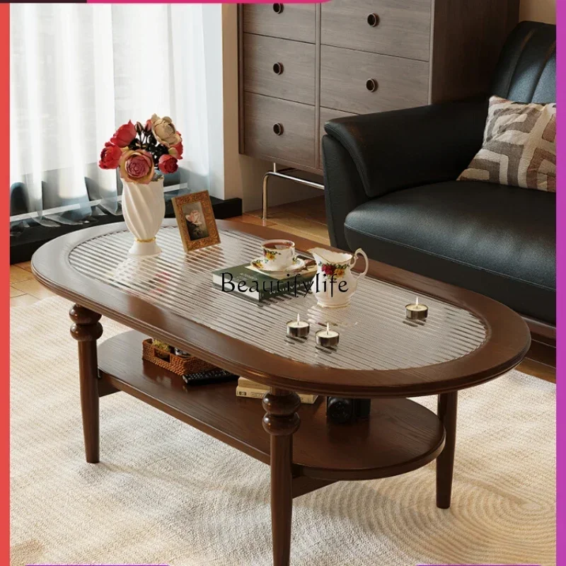 

American retro solid wood coffee table living room household small apartment French glass round coffee table