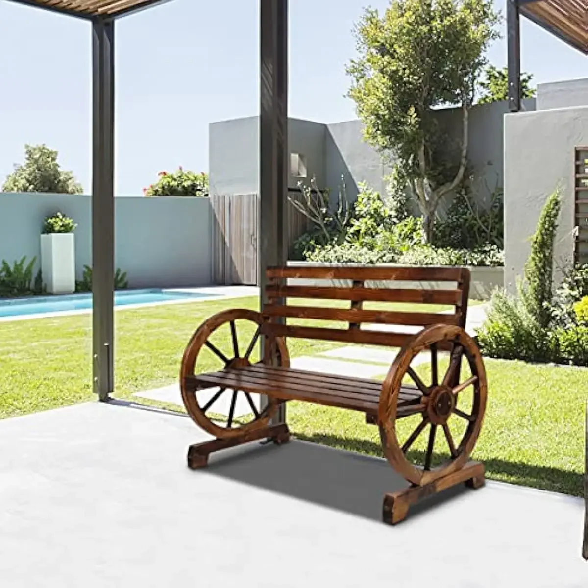 Rustic Firwood Outdoor Bench with Wagon Wheel Armrests | Two-Seater Slatted Garden Seat | Weather-Resistant Burnished Finish | 4