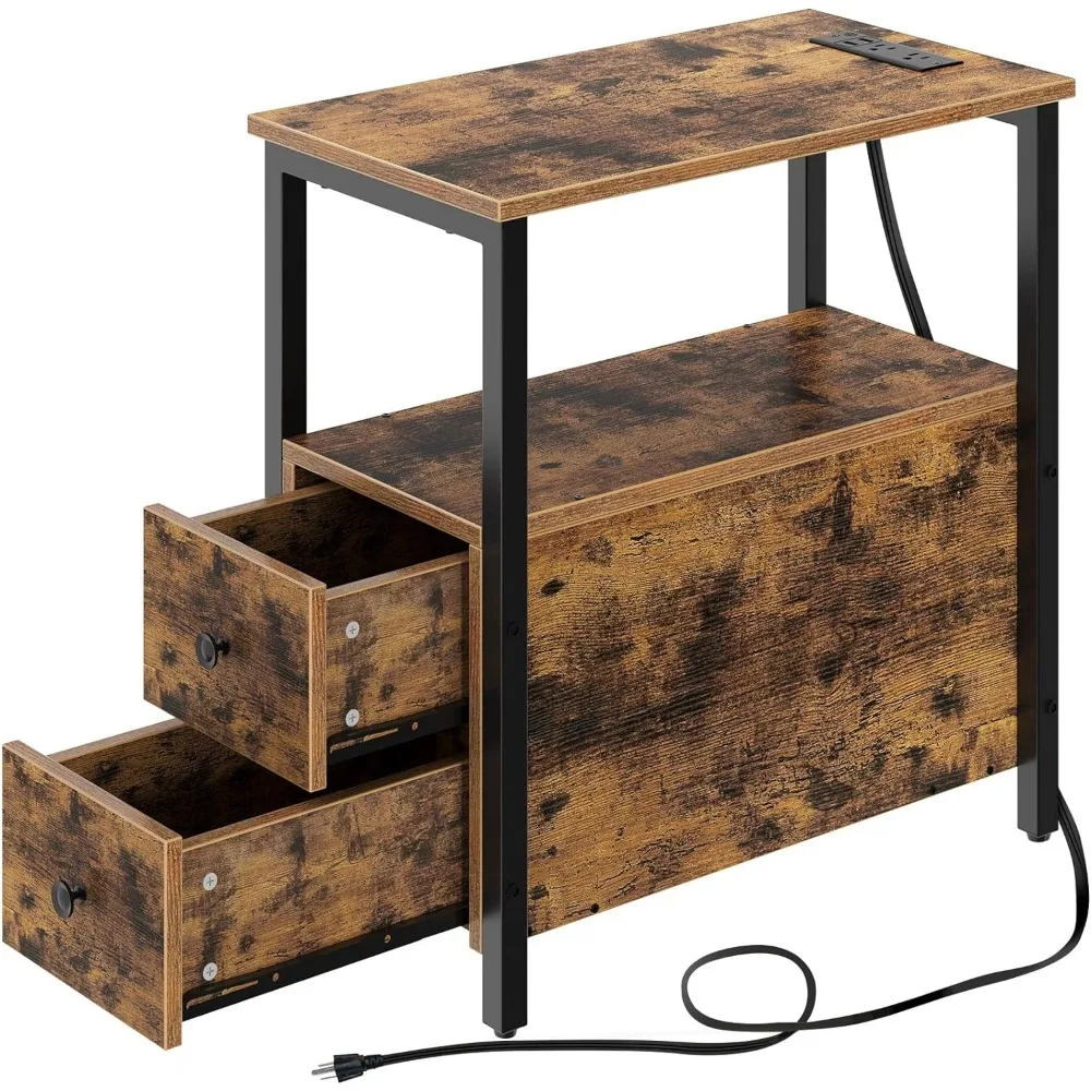 Table d'extrémité avec station de charge, table d'appoint étroite avec 2 wers de proximité en bois, ports USB et prises de courant