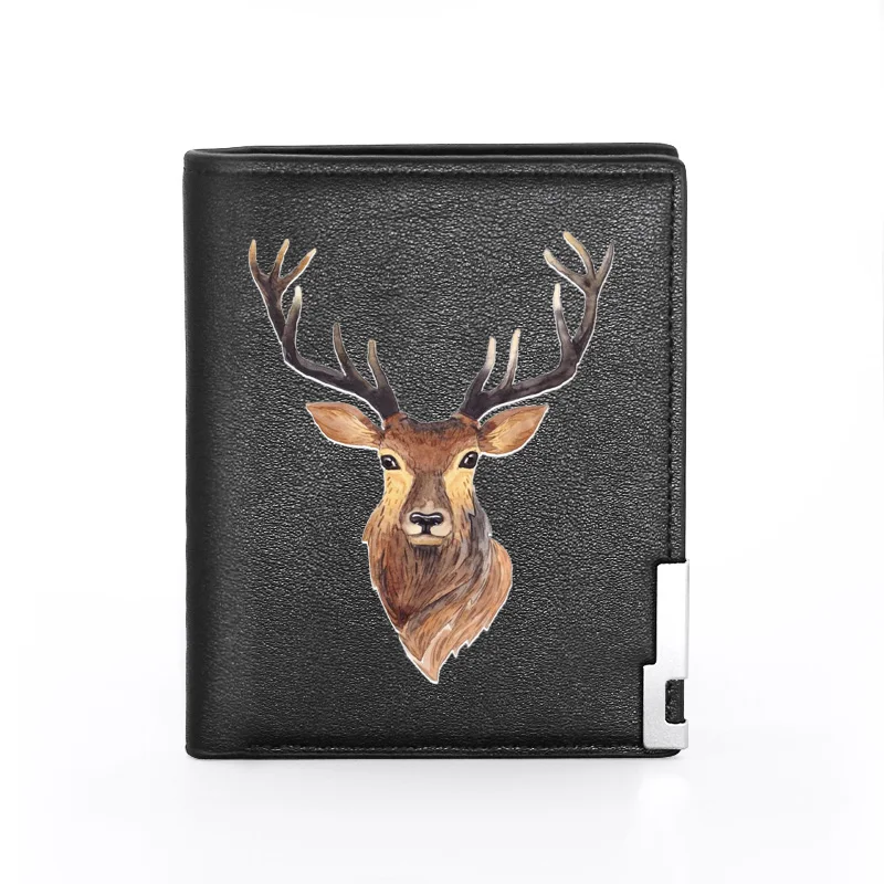 Classic Elk Hunter Design Theme Leather Wallet Black Men Women Billfold Slim Credit Card/ID Holders Money Bag Male Short Purses