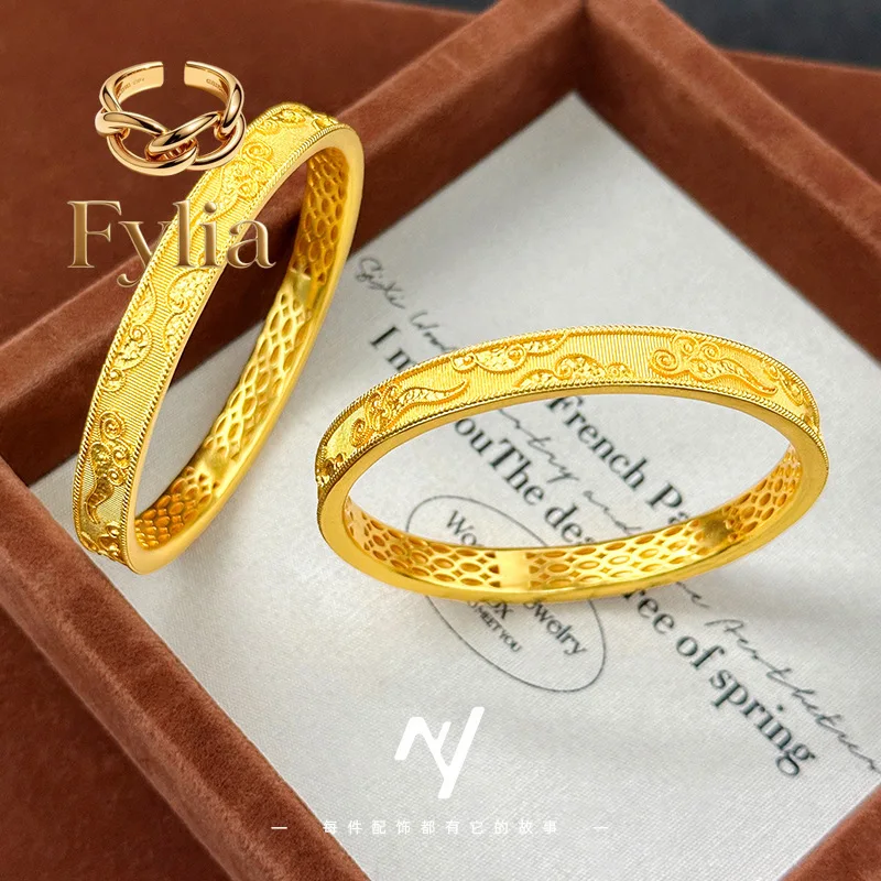 Fylia Jewelry   2025  New  Style 9999 New Chinese Style Light Luxurious Brushed Gold Silk Xiangyun 24K Real Gold Ring Bracelet B