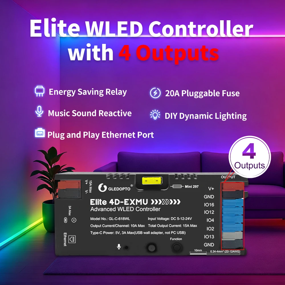 GLEDOPTO Smart 4CH 618WL RGB LED Controller Ethernet and WiFi ESP32 Core Voice Control & Music Reactive Lighting for DIY Project