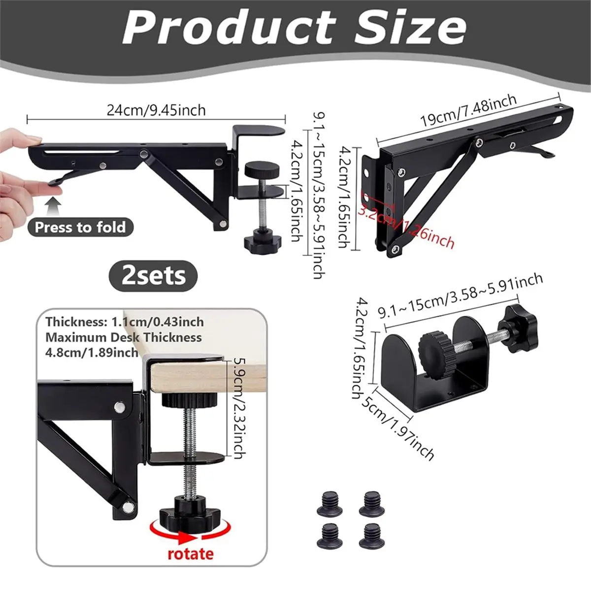 4 Pack Under Desk Keyboard Tray Clamp-on Bracket, Adjustable Desktop Extension Rest Support Rack (No Tray)