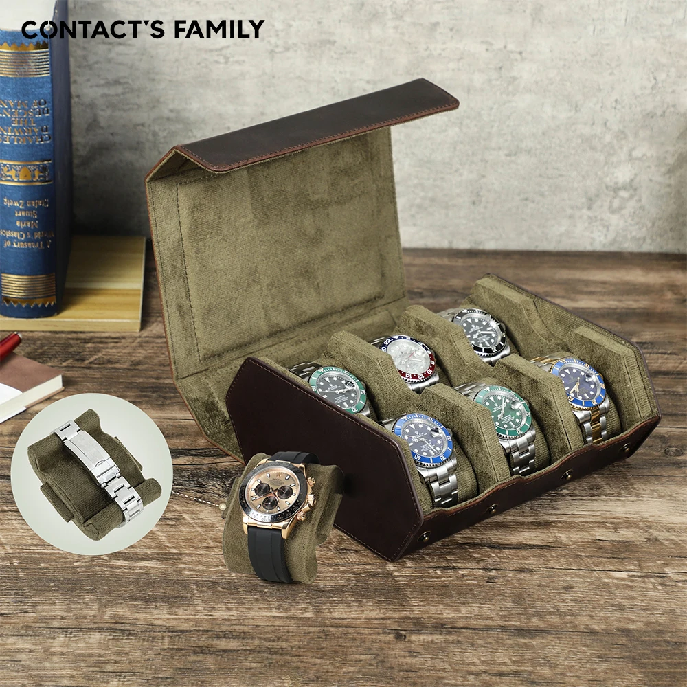 CONTACTS FAMILY Vintage Genuine Leather 6/8 Slots Watch Case Display Watches Roll Storage Organizer Holder Pouch Jewelry Box