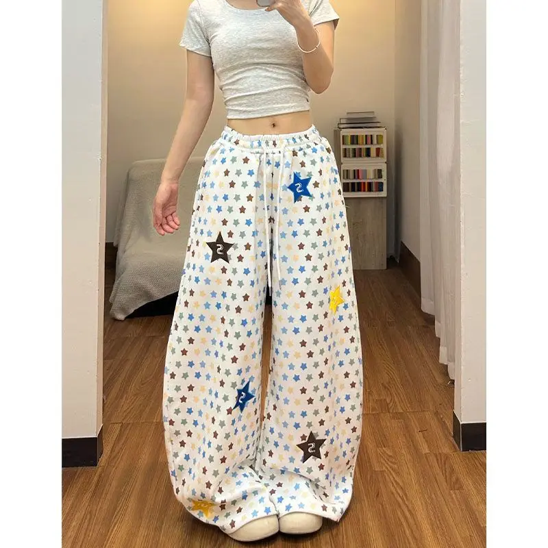 

Vintage Stars Print Letter Cargo Pants Women Korean Fashion High Waist Wide Leg Trousers Casual Loose Preppy Style Female Pants
