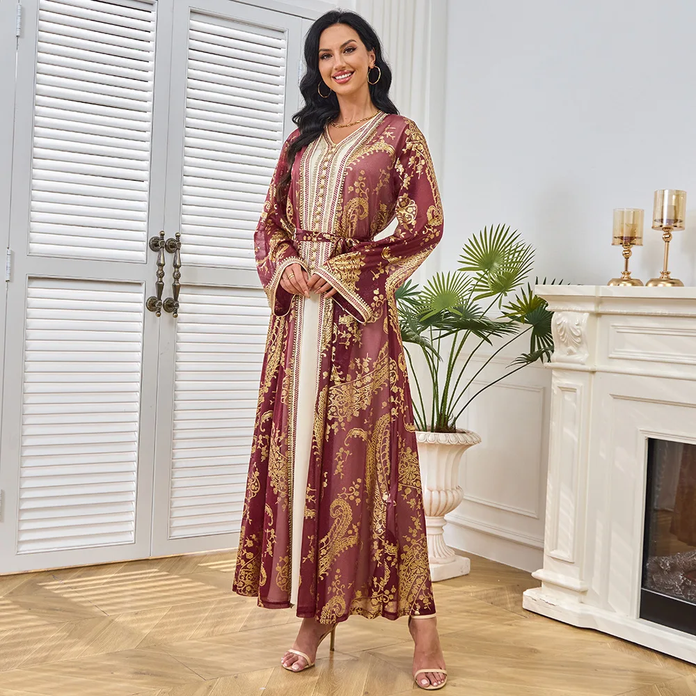

Mt212 New Women's Long Dress V-neck Cardigan Two-piece Set Gold Embossed Dress Suit Abaya Ramadan Dubai Luxury Islam Elegant