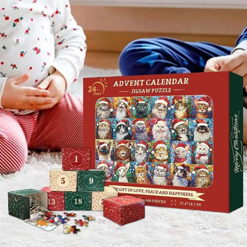 2025 Happy Christmas Cats Jigsaw Puzzles Set 24 Days Countdown Family Games Puzzles Stocking Stuffers For Kids And Adults