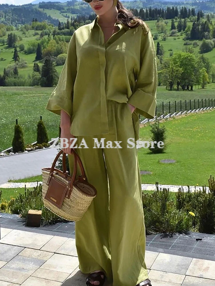 ZBZA Set di pantaloni da donna oversize in misto camicia con risvolto Bottoni nascosti Spacchetti laterali top vita alta elastica Tasche anteriori a