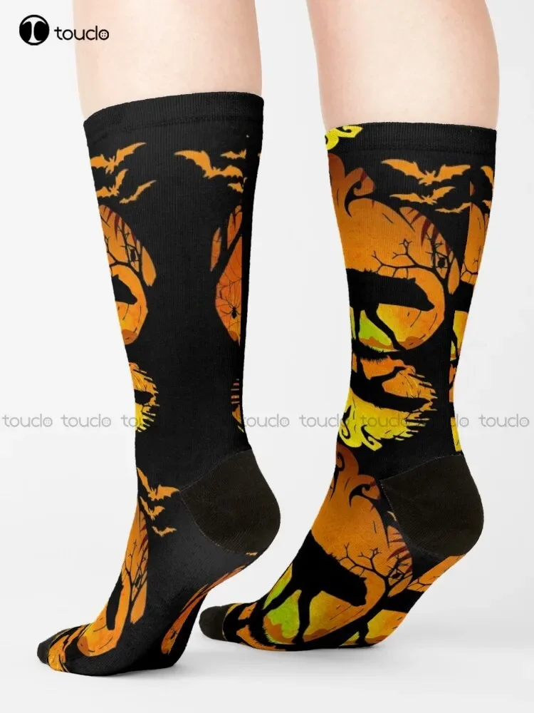 Hyena Silhouette Pumpkin Halloween Costume Gift Socks Halloween Black Socks Personalized Custom Unisex Adult Teen Youth Socks