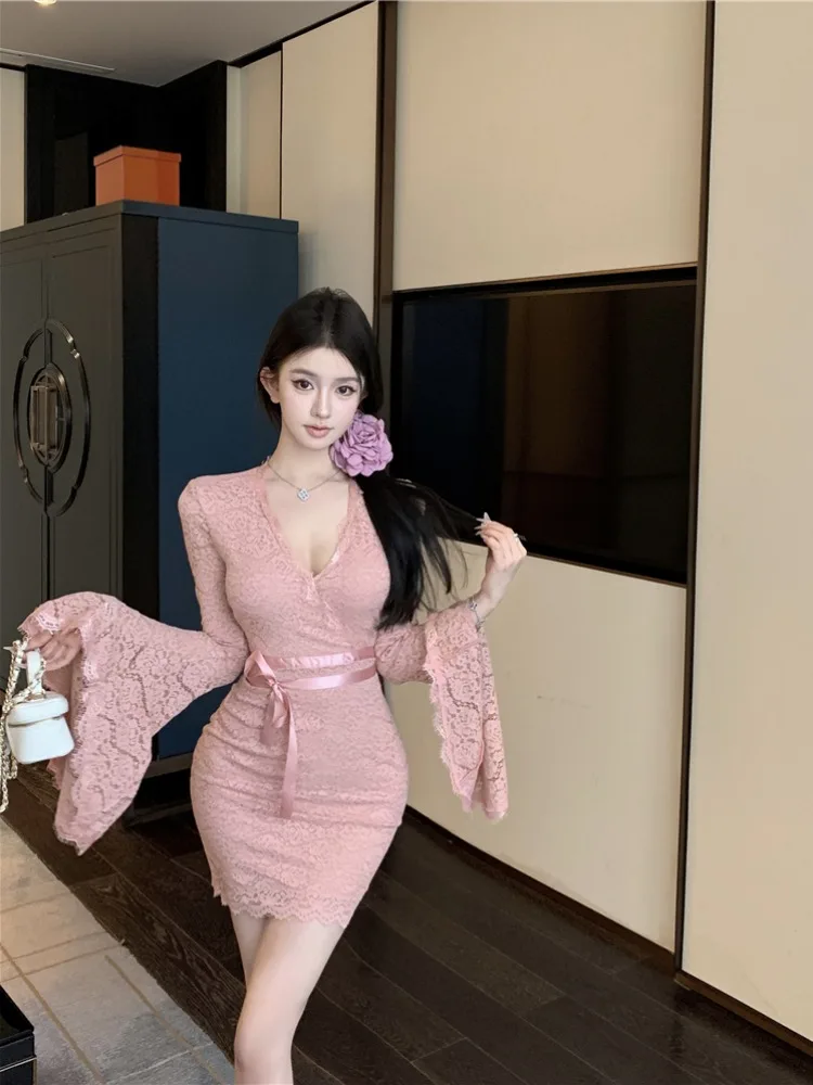 

Ruffle Sve Lace V-Ne Dr Women's Tight Fit Pink Skirt Sexy Belted Waist Long Autumn Dr Ci Commute A-Line Skirt