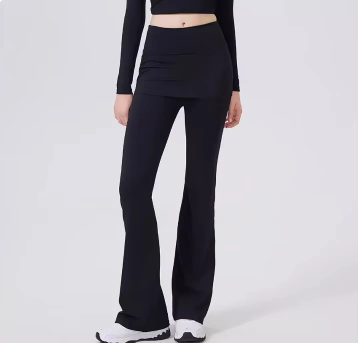 Fake two high waisted slightly flared pants with hip covering skirt for women's running, dance training, Pilates sports pants