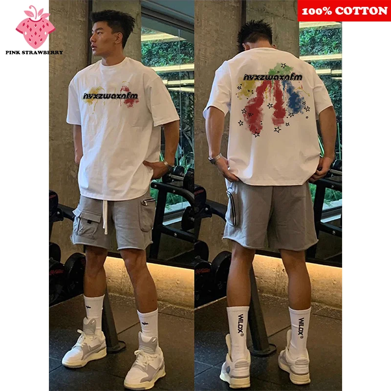 

Fashion Colorful Graffiti Letter Print T-shirt Men Summer 2025 New 100% Cotton Short sleeve Street T-shirt Y2k Tops Men clothing