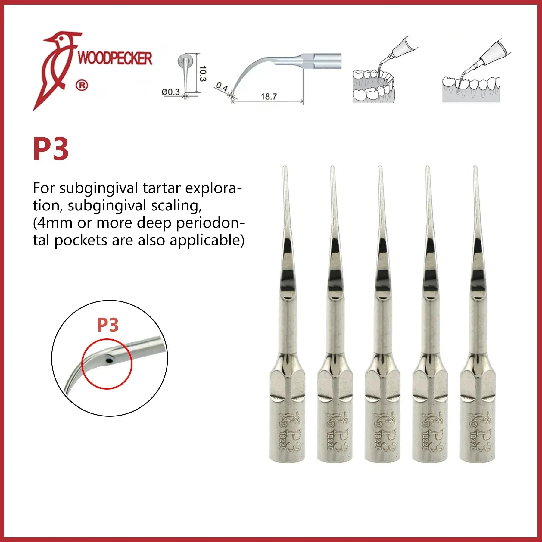 Woodpecker P3 Ultrasonic Scaler Tips Dental Scaling Inserts Compatible for EMS & Woodpecker Scaler Handpiece